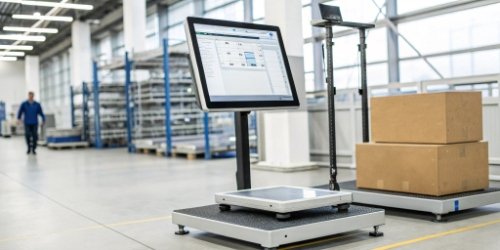 An integrated system showing IoT scales, software, and a large display screen
