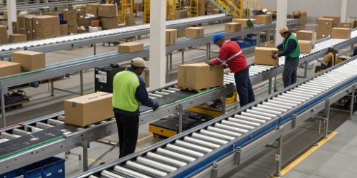 Sorting System Setup and Integration Engineers setting up and integrating a sorting system in a warehouse