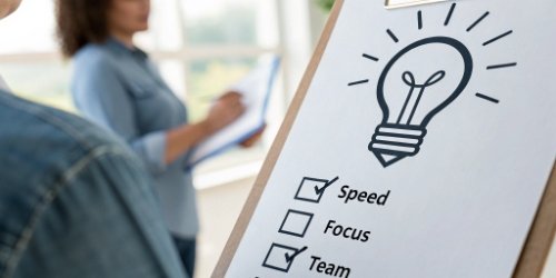 A lightbulb icon next to a checklist showing 'Speed', 'Focus', and 'Team Skill'