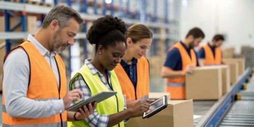 Universal Sorting System A diverse team of warehouse employees working efficiently together, all using devices showing clear product images.