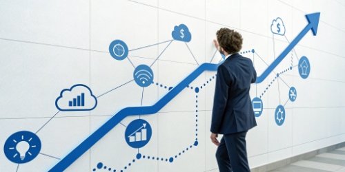 A graphic showing an upward-trending arrow with icons for data, IoT, and customization along its path.