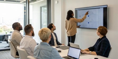 Two teams collaborating in a meeting room, one showing software on a screen.