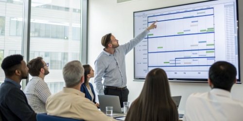 A project manager pointing at a Gantt chart on a large screen during a meeting.