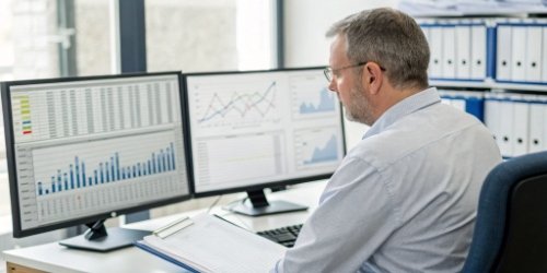 Quality Assurance Checkpoints A quality manager reviewing performance dashboards and checklists.