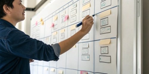 A person at a whiteboard creating a step-by-step plan for training
