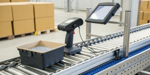 Complete Visual Sorting Toolkit A complete sorting station setup including a rugged tablet, a barcode scanner, and an industrial scale, all integrated.