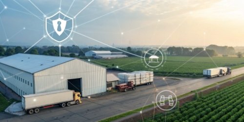Solving Food Industry Challenges An illustration showing a digital shield protecting a food supply chain.