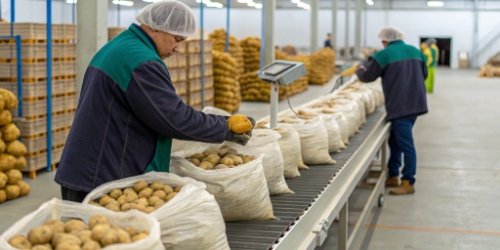 Product Pre-sorting for Efficiency A dedicated station where a worker is pre-weighing bulk potatoes into smaller bags