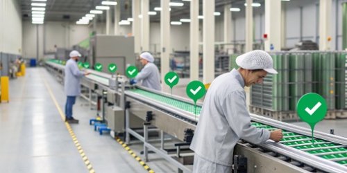 Operational Consistency in Action A smoothly operating production line with green checkmarks, indicating high operational consistency