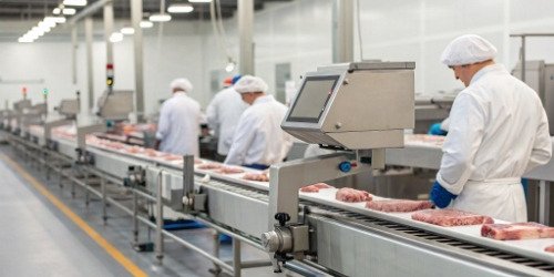 Automated Carcass Grading in a Processing Plant A modern meat processing plant with automated machinery