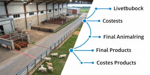 Slaughterhouse Cost Flow Diagram A diagram showing the flow of costs in a slaughterhouse from live animal to final product.