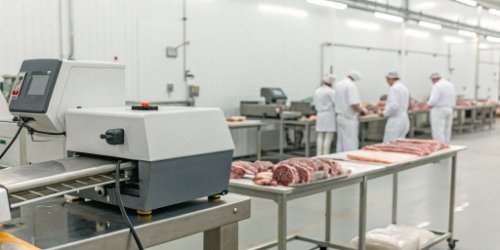 Industrial Barcode Printer in Meat Processing A durable industrial barcode printer operating in a clean, modern meat processing facility.