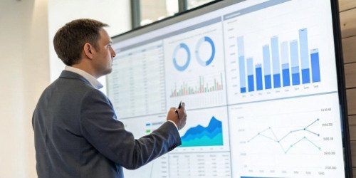 A manager looking at a financial dashboard showing charts and graphs related to slaughterhouse expenses