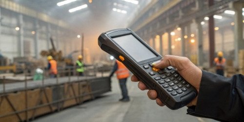 A rugged PDA scanner being used in an industrial setting