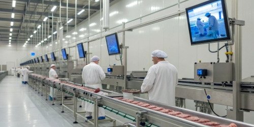 A modern slaughterhouse production line with digital screens displaying data