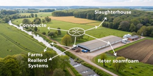 A network diagram showing a slaughterhouse connected to farms upstream and retailers downstream.