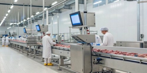 A modern, clean slaughterhouse production line with digital screens displaying data.
