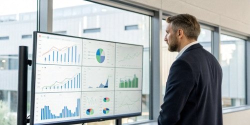 A manager looking at a dashboard showing cost breakdowns across different factory workshops