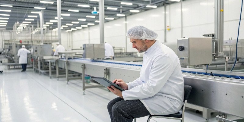 Choosing the Right Slaughterhouse Software A manager reviewing slaughterhouse management software on a tablet in a modern facility