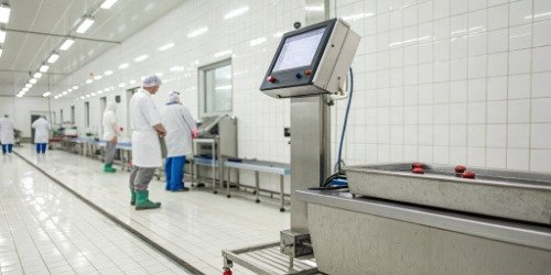 Configuring Slaughterhouse Cost Accounting Parameters A modern industrial weighing scale connected to a computer system in a clean, professional slaughterhouse facility.