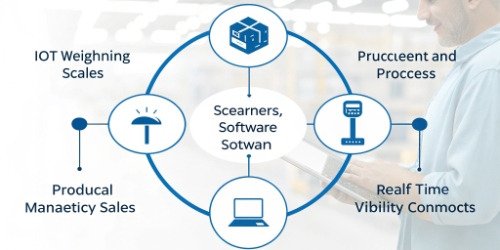 An infographic showing how IoT scales, scanners, and software connect in a loop.