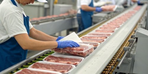 Barcode Labeling in Meat Production A worker applying a freshly printed barcode label to a package of meat on a production line.