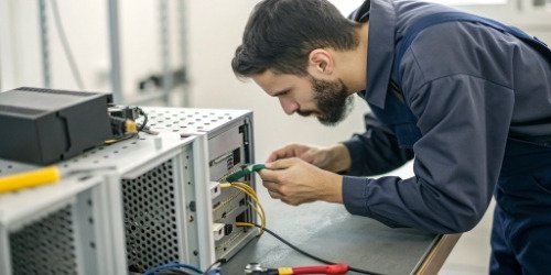Troubleshooting an Industrial PC A technician troubleshooting a connection port on an industrial PC