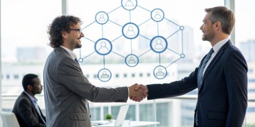Two business people shaking hands in front of a diagram of a supply chain.
