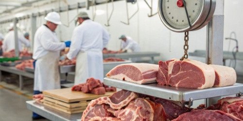 A scale weighing different cuts of meat to showcase product diversity in a slaughterhouse