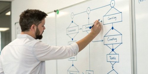 Steps to Set Up Cost Accounting Parameters A flowchart on a whiteboard showing the steps from business analysis to system testing.