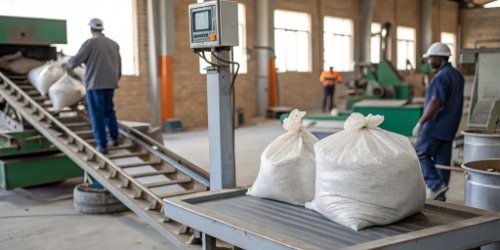 An industrial scale weighing raw materials at the entrance of a factory workshop