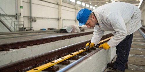 Leveling a Rail Scale Technician using a level tool on a slaughterhouse rail