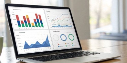 A digital dashboard on a screen displaying KPIs like yield rate and efficiency for different workshops