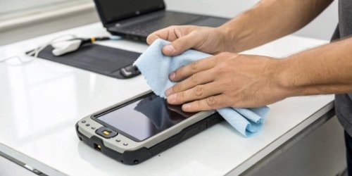 A worker cleaning a rugged PDA device with a cloth