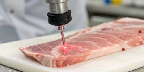 Laser Probe Measuring Pork Backfat A close-up shot of a laser probe measuring pork backfat