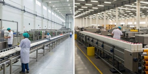 A split-screen image showing a simple production line on one side and a complex, multi-product line on the other