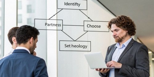 A flowchart showing the steps to build a business network: Identify Partners, Choose Technology, Set Rules.