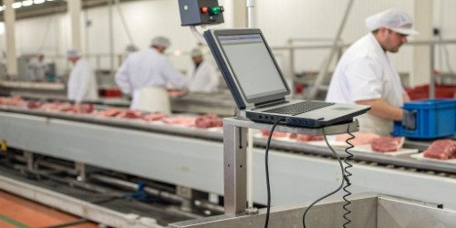Integrated Weighing and Management Tools Industrial scale connected to a computer system in a slaughterhouse environment