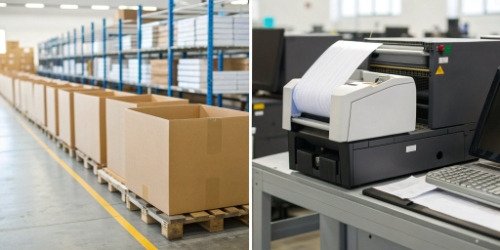 Efficiency Boost with Barcode Printers A side-by-side comparison showing a cluttered manual labeling station versus a streamlined automated barcode printing station.
