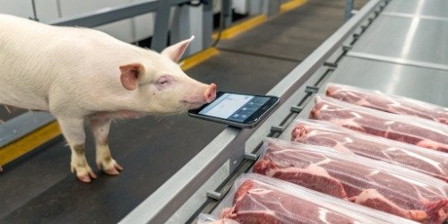 A visual representation of a data chain, starting with a pig and ending with a QR code on a packaged product.