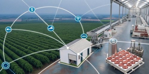 A futuristic diagram showing IoT connectivity from farm to slaughterhouse to retailer