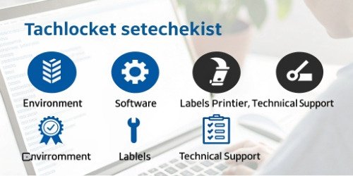 Barcode Printer Implementation Checklist A checklist graphic showing key icons for environment, software, labels, and technical support.