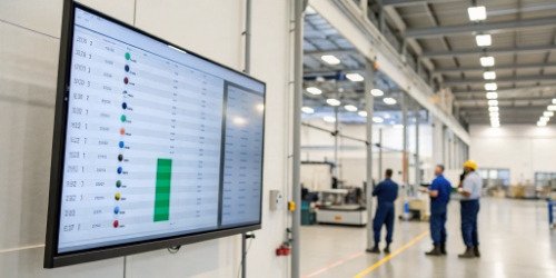 A leaderboard displayed on a screen in a factory, showing performance rankings of different workshops