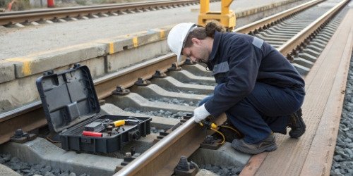 Troubleshooting Rail Scale An engineer performing a diagnostic check on a rail scale system