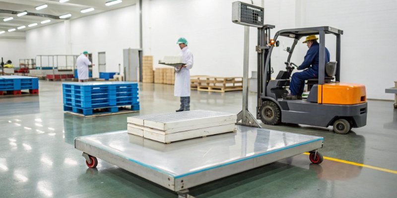 Types of Scales for Food Production A variety of industrial scales including a table scale, platform scale, and forklift scale in a clean food factory setting.