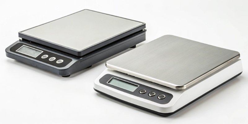 Smart PC Scale vs. Regular Printing Scale A smart PC scale next to a regular printing scale in a factory setting
