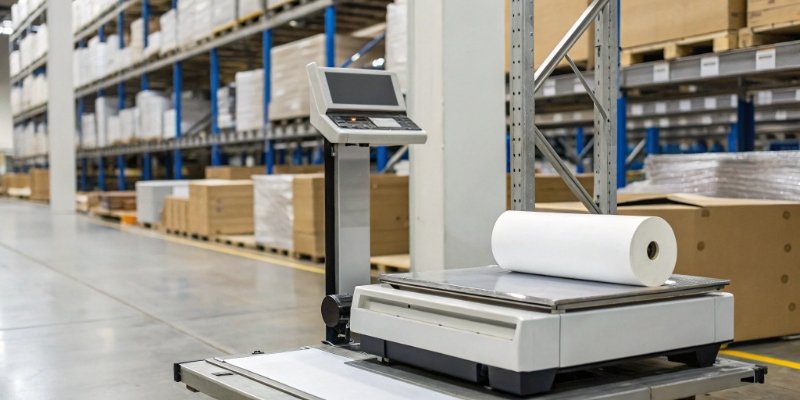 A printing platform scale in a warehouse automatically printing a shipping label.