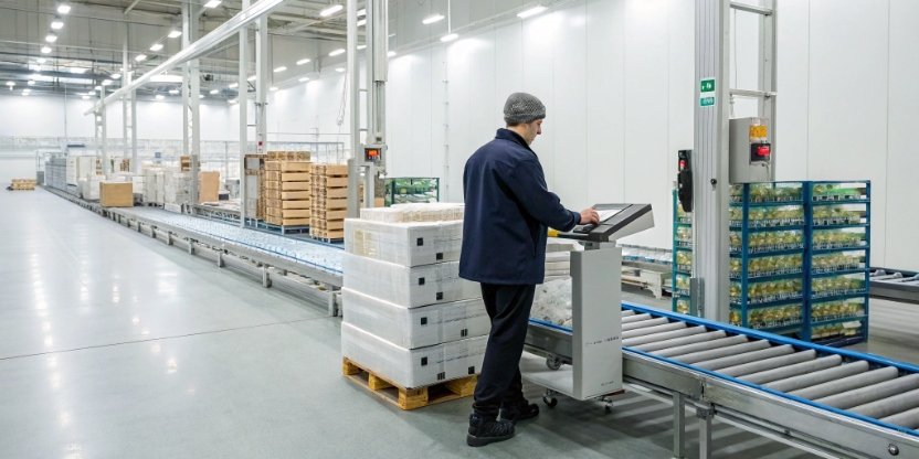 Smart PC Scale for Food Inventory A modern warehouse with an employee using a smart PC scale to weigh and scan boxes of frozen food.