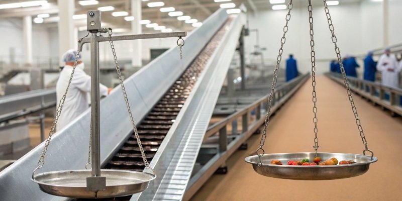 A side-by-side comparison of a powder-coated carbon steel scale and a 304 stainless steel scale in a food factory setting.
