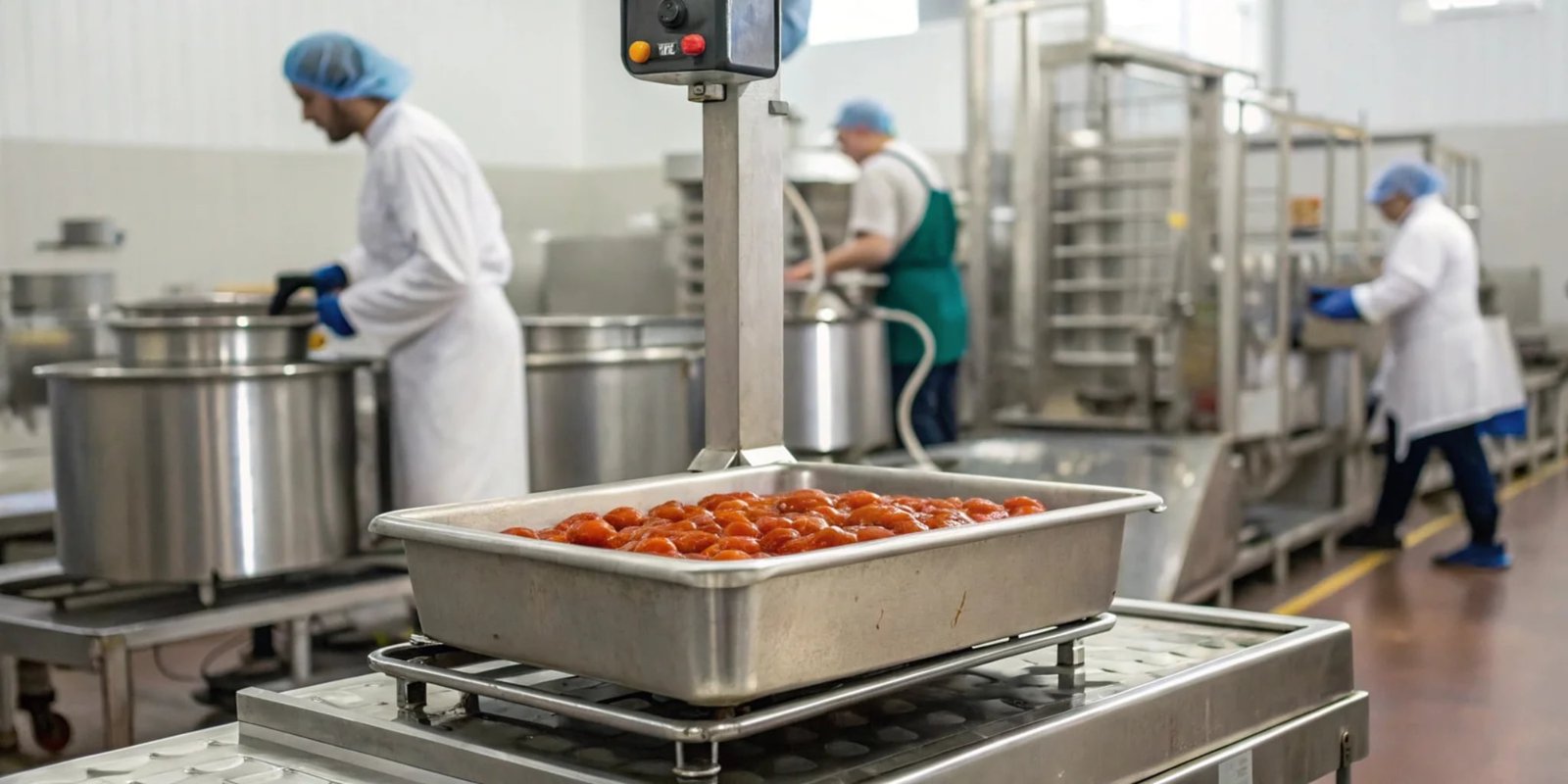Durable scale for corrosive environments A stainless steel bench scale being used in a sauce production facility